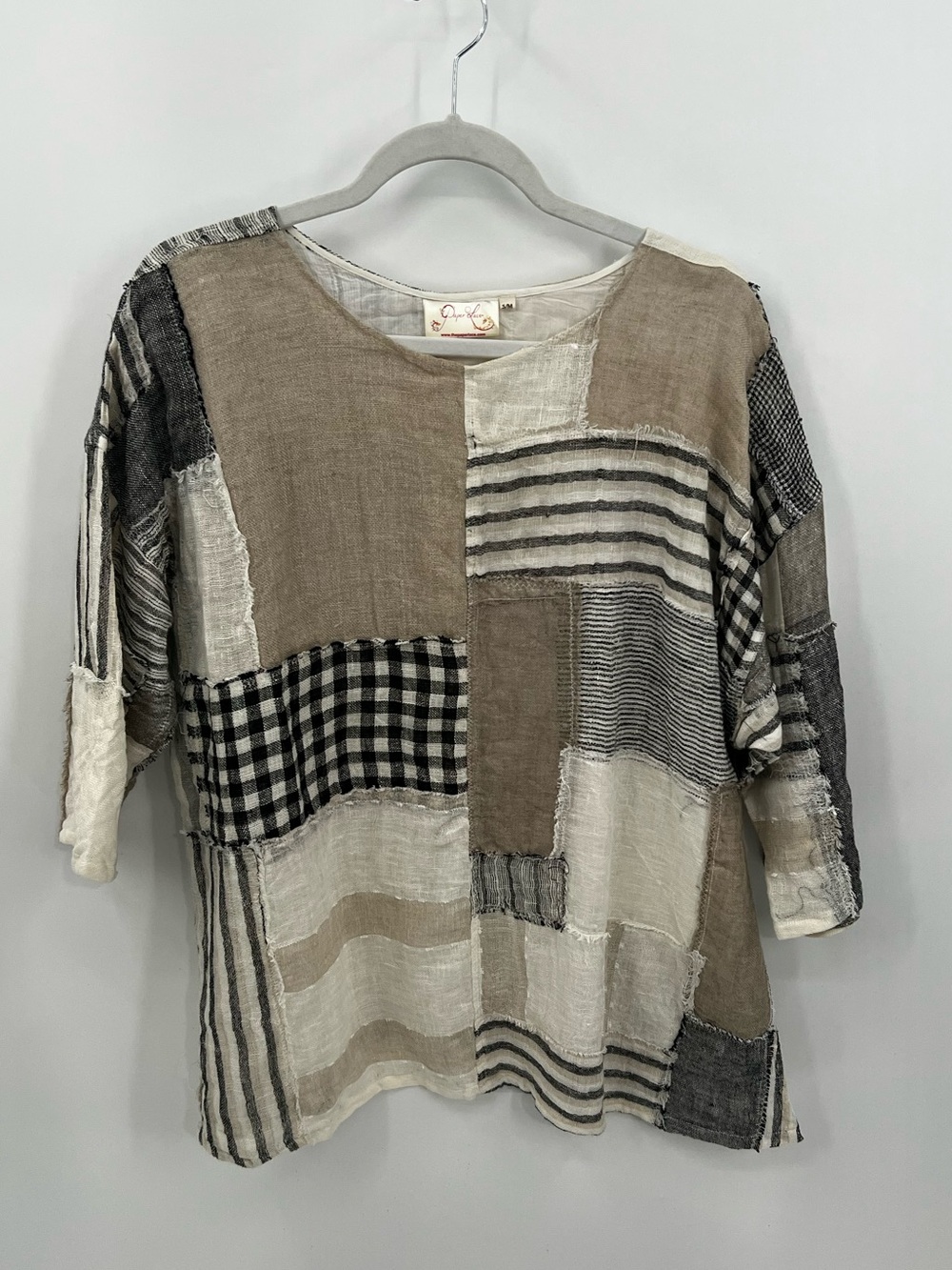Paper Lace Patchwork Linen Blend Women’s Top - Beige and Black